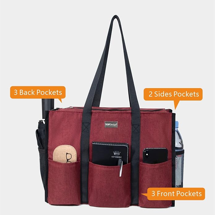TOPDesign Utility Water Resistant Tote Bag with 13 Pockets, Top Zipper Closure & Thick Bottom Support, for Working Women