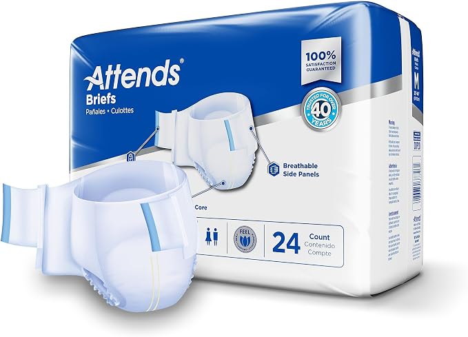 Attends Adult Incontinence Disposable Briefs, Medium, 32"-44" Waist with SecureGrip Tab Closure, Extra Heavy Absorbency with Super Absorbent Core and Breathable Side Panels, 96ct Bag