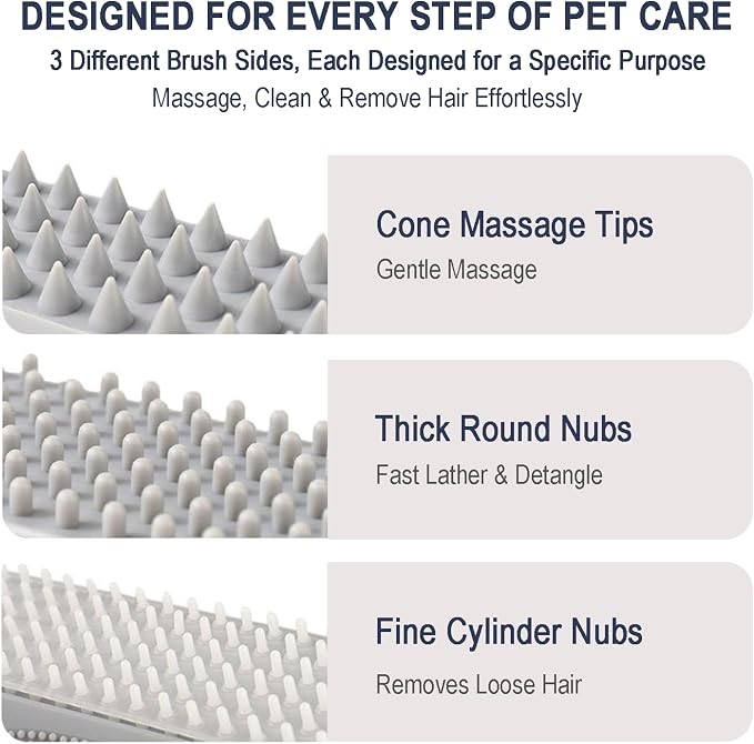 Triangular Wrap-Around Pet Grooming & Bath Brush for Dogs & Cats – 3-in-1 Silicone Dog Bath Brush with Deshedding Bristles, Massage Cones & Deep Cleaning Nubs, Soft Flexible Self-Cleaning Design,Gray