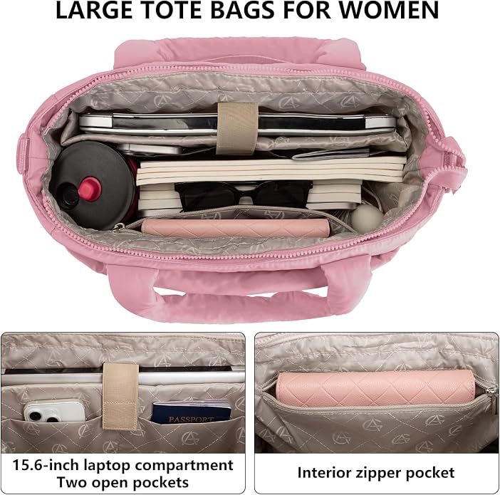 Puffer Tote Bag for Women Quilted Nurse Bag Lightweight Work Bag for Teacher Travel Handbag with Multiple Pockets