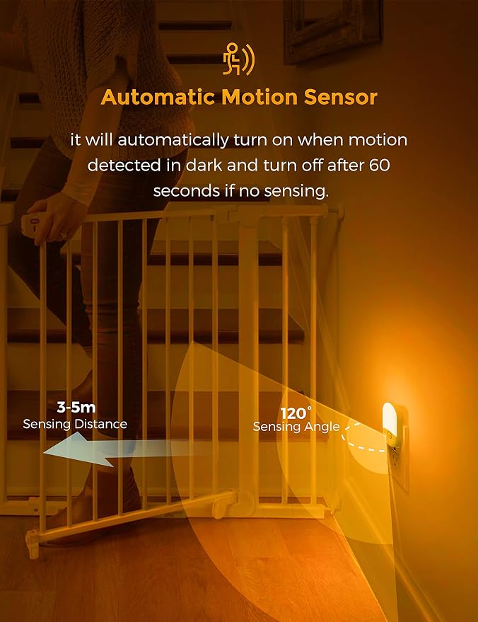 L LOHAS LED Amber Night Light, 2 Pack, Night Lights Plug into Wall Motion Sensor, 0.6W 2000K, LED Nightlights, 30/60LM Adjustable Brightness, Automatic Low Blue Nightlight for Kids, Bathroom, Hallway