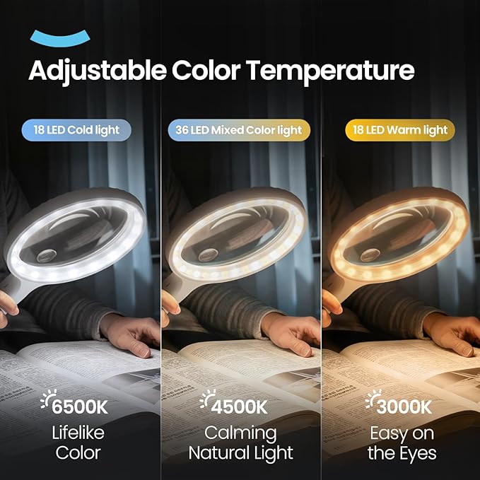 ARTDOT Large Handheld Magnifying Glass for Reading and Close Work, Adjustable Brightness Magnifier as Gifts for Seniors, Grandma, Grandpa