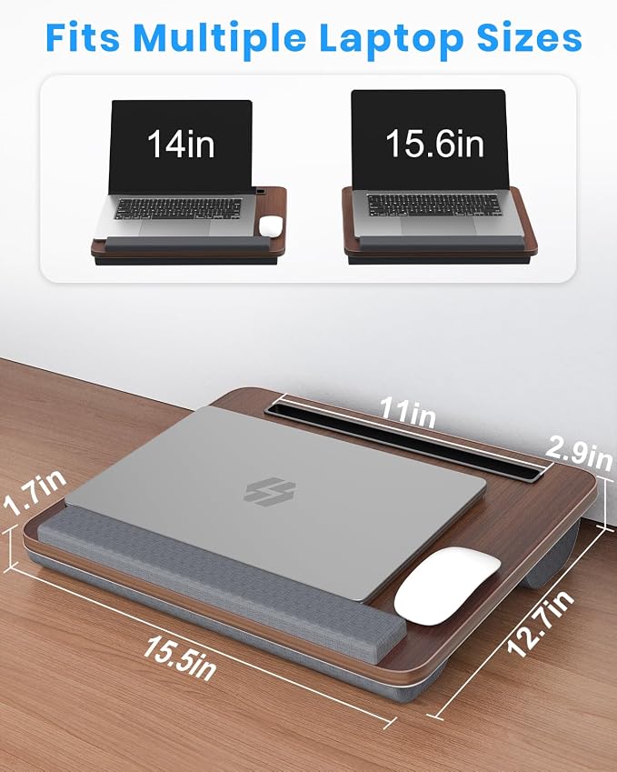 HETTHI Portable Lap Desk, Laptop Stand for Bed with Soft Wrist Rest, Tablet/Phone Slot, Fabric Handle, Laptop Bed Table with Cushion (Dark Brown)