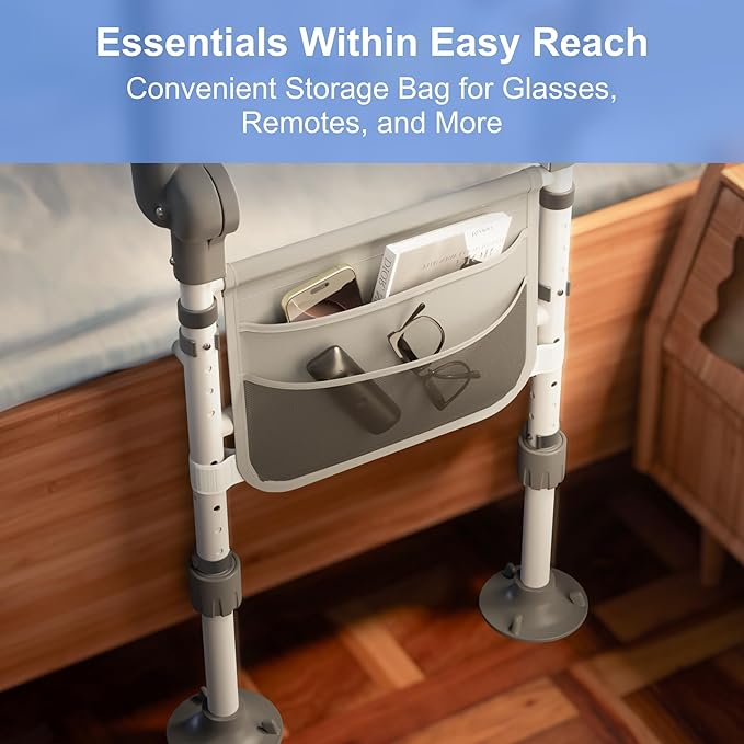 Bed Rails for Elderly Adults Safety Foldable Bed Assist Rail with Adjustable Height, Non-Slip Handle, Motion Sensor Light & Storage Pouch, Fits King Queen Full Twin Beds, Supports 350 LBS