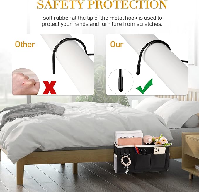 Bedside Caddy Bedside Storage Bag for Headboards/Bunk Bed | Hanging Bed Caddy with Hooks fits Bunk bed Hospital Beds Dorm Bed Rails, Essentials for Phones, Books, Remotes, Water Bottles