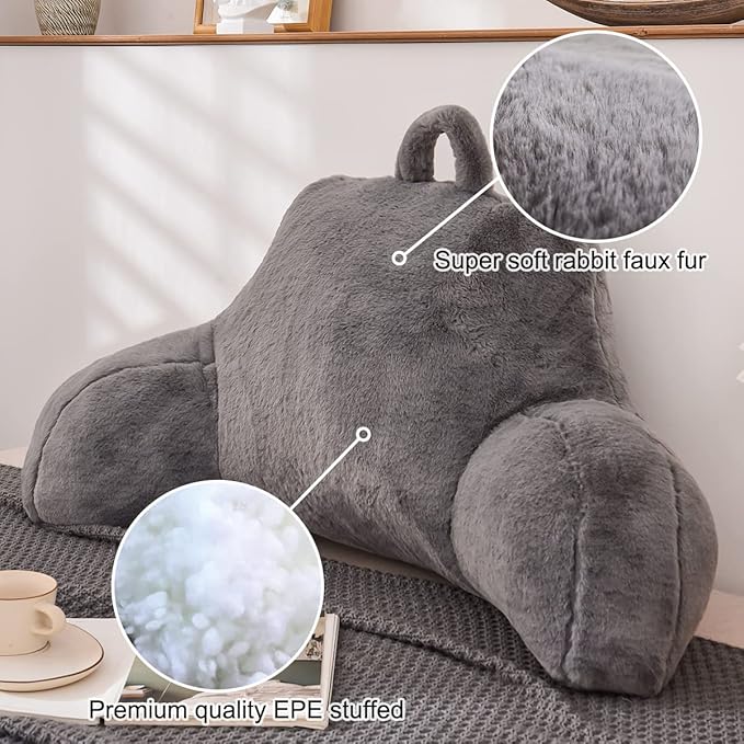Holawakaka Standard Faux Fur Bed Rest Pillow with Arms, Artificial Rabbit Fur Reading Pillows Perfect for Adults, Teens, Kids, Pregnancy Lumbar & Head Neck Coccyx Lower Back Support Cushion (Grey)