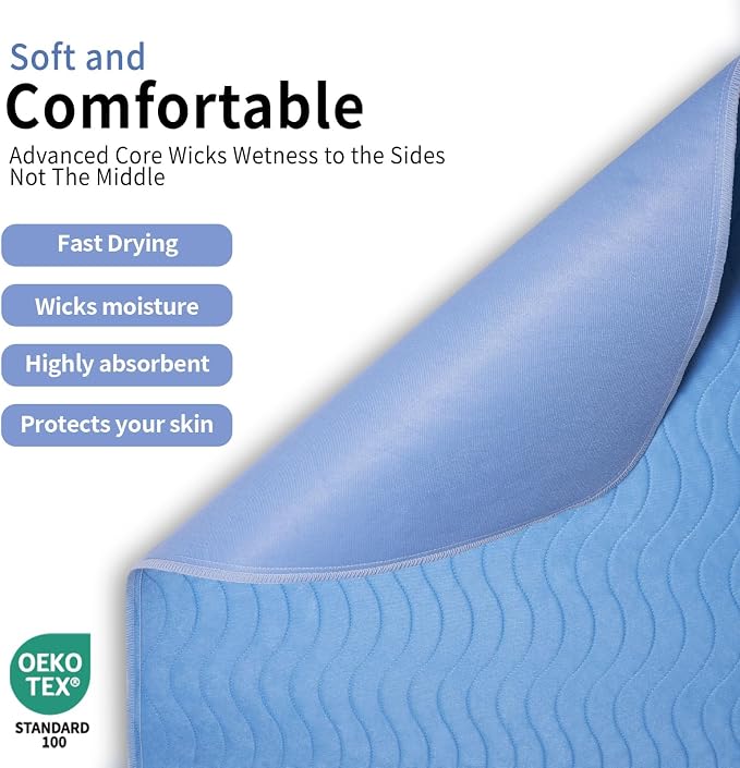 Accompagner Incontinence Bed Pads Washable Waterproof, Ultra-Absorbent Reusable Underpads for Diaper Changing, Nursing, Bedridden, Adults, Seniors, Kids and Dogs (Blue, 36"x54"(Pack of 2))