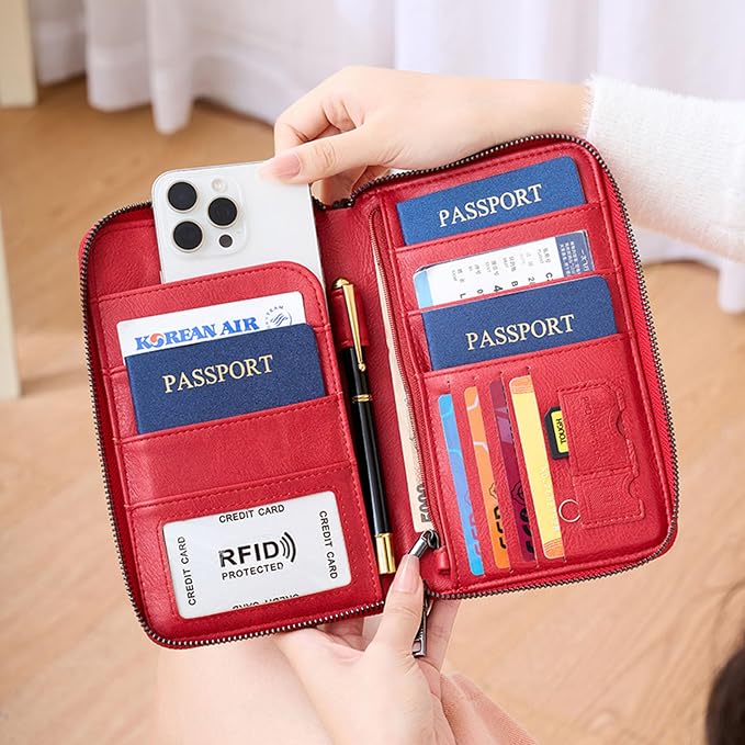 Family Passport Holder for Travel Women and Men Multiple RFID blocking Passport Holder MultiFunction Passport Wallet Passport Case Passport cover with Zipper