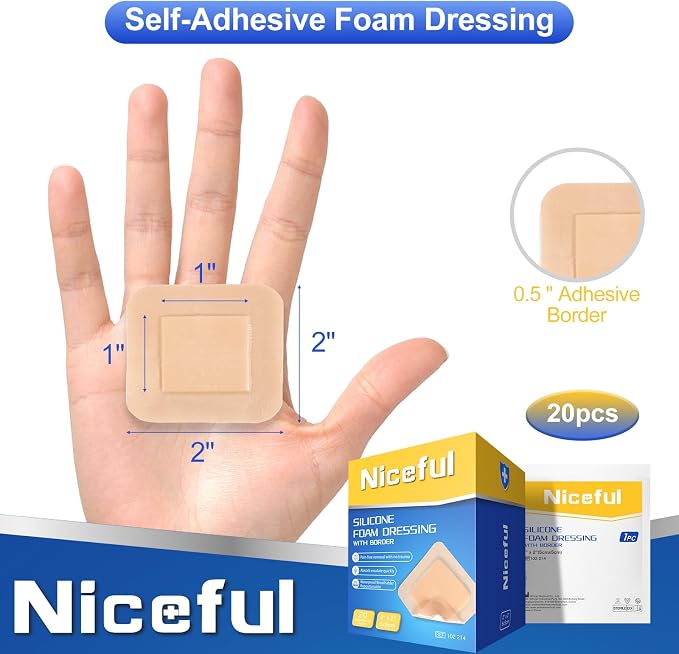 Niceful 20 Count Silicone Foam Dressing Gentle Border 2 x 2 inch, Absorbent Silicone Bandages for Wounds, Waterproof Bed Sore Bandages Wound Dressing