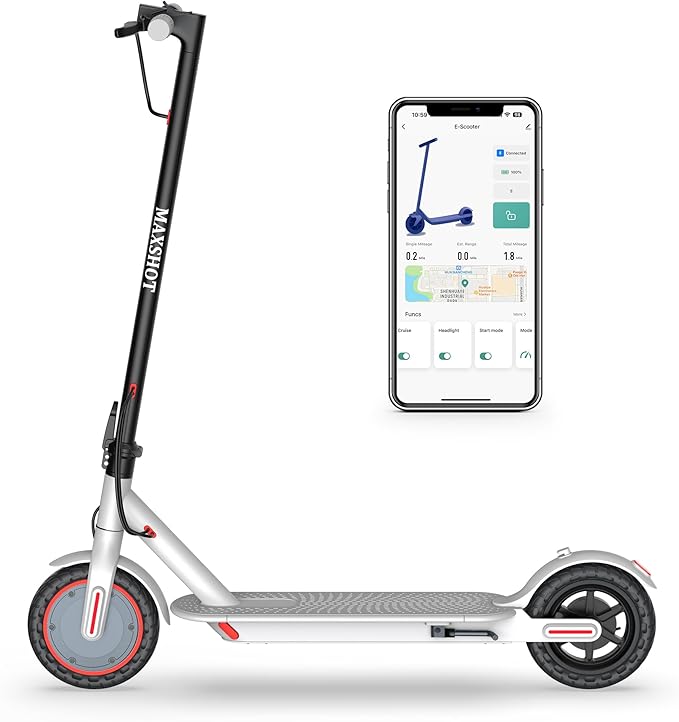 Maxshot Electric Scooter, 8.5" /10" /14" Tire, 16/19/22 Mph Top Speed, 12/16/21/27/28/49/50 Miles Long Range, Folding Escooter for Adults and Kids with Seat Bag, Dual Braking, Dual Suspension, App