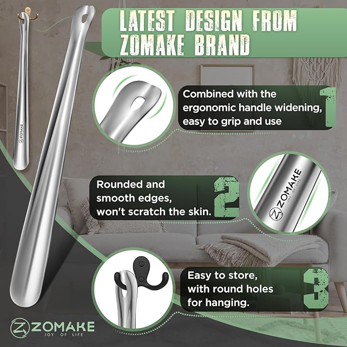 ZOMAKE Metal Shoe Horn Long Handle for Seniors 16.5 Inch,Long Shoehorn Stainless Steel Shoe Spoon Shoe Helper for Men Women