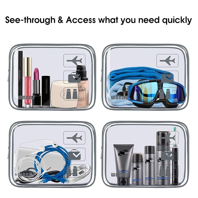 WANDF TSA Approved Toiletry Bag, 3 Pack Clear Makeup Bag | Quart Size, Airport Carry-On, TSA Liquids Travel Bag, Clear PVC, Women Men Travel Essentials
