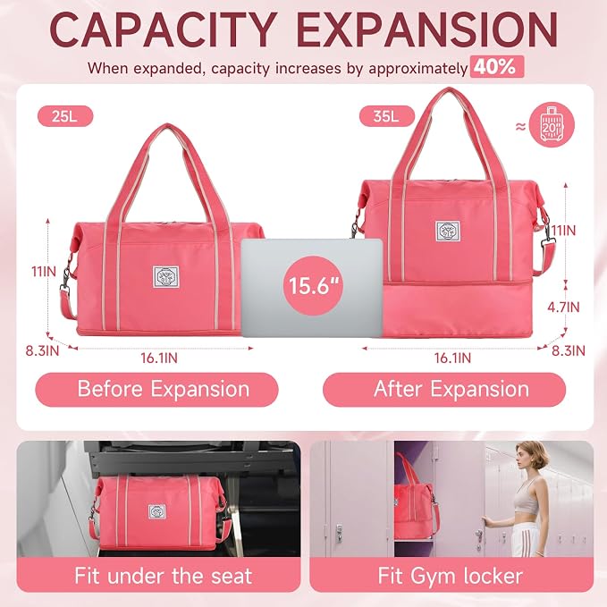WALNEW Travel Duffel Bag, Weekender Overnight Carry On Bag for Women Men, Foldable Waterproof Gym Luggage Duffle Bag with Metal Buckle Detachable Shoulder Strap and Wet Compartment (living Coral)