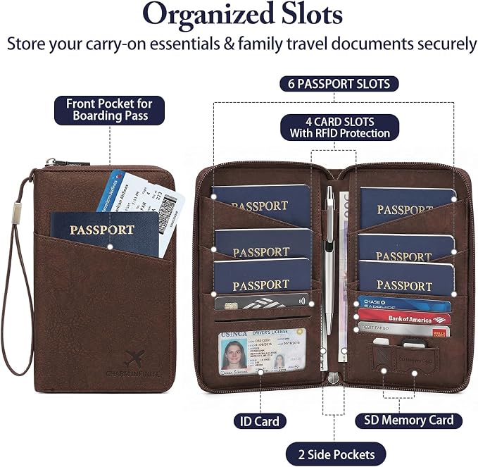 Family Passport Holder for Travel Women and Men RFID Blocking Passport Holder with Zipper Multi-functional Passport Wallet Passport Case Passport cover Travel Essentials