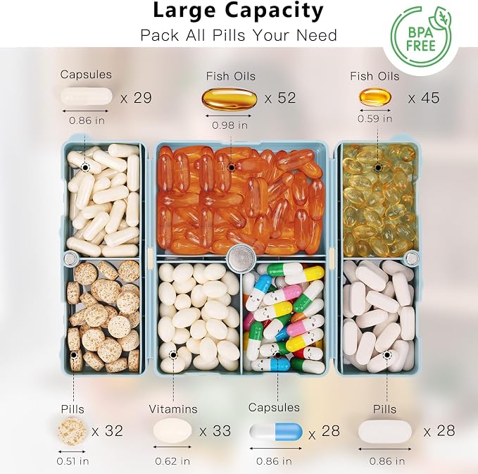FYY Daily Pill Organizer,2 Pcs 7 Compartments Portable Pill Case Travel Pill Organizer,[Folding Design] Pill Box for Purse Pocket to Hold Vitamins,Cod Liver Oil,Supplements and Medication-Blue