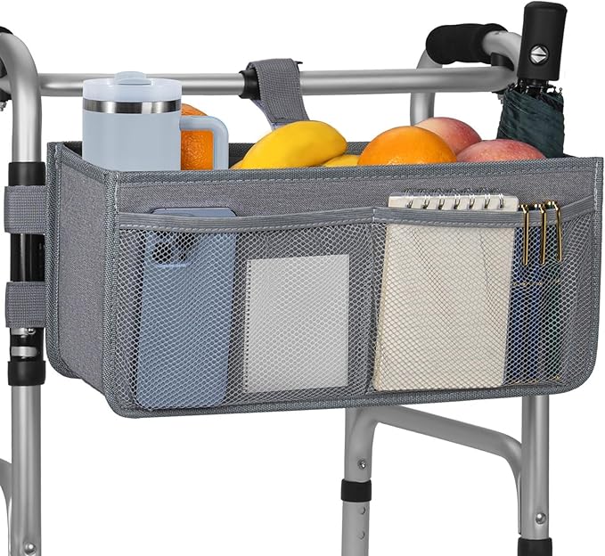 FREEAMG Walker Basket for Folding Walker, Large Capacity Foldable Walker Bag, Walker Storage Bag With Cup Holder, Detachable Walker Accessories Basket for Seniors (Grey)