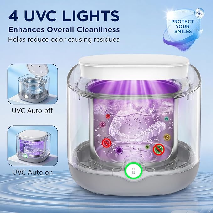 Ultrasonic Retainer Cleaner with 4 UVC Light, Jinyeda 45kHz Rechargeable Retainer Cleaner Machine 24W, 4000mAh Battery, 200ML Dental Cleaning Pod 3 Mode for Mouthguard Aligners Denture