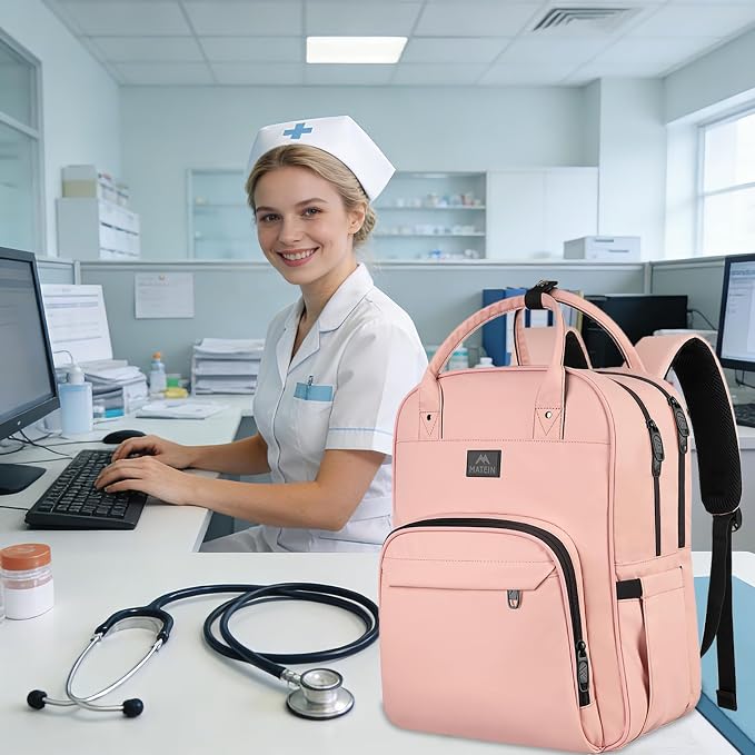 MATEIN Nursing Backpack, Home Health Nurse Bag with Removable Organizer | Womens Medical Backpack fit 15.6 Inch Laptop, Waterproof Clinical Doctor Work Bag for College, Pink Nursing Essentials