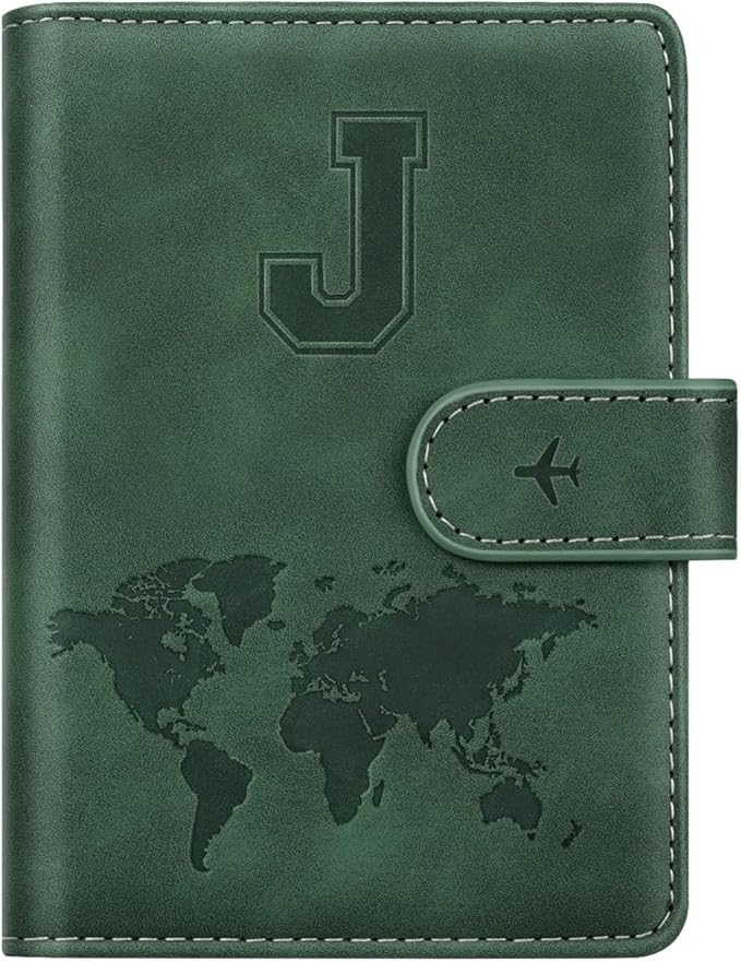 Passport Holder Wallet Cover Personalized Initial Travel Essentials | Embossed Letter A-Z Design, Travel Wallets, RFID Blocking, Passport Book Holders, Women Men, Personalized Gifts, Green-J