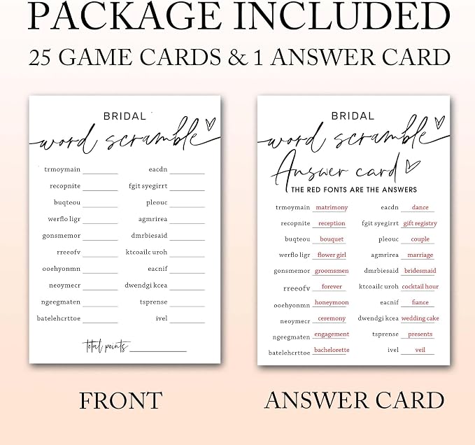 Bridal Shower Games Cards, Bridal Word Scramble, 25 Game Cards with 1 Answer Card, Engagement Party Wedding Games for Guests, Minimalist White Wedding Party Supplies - A14