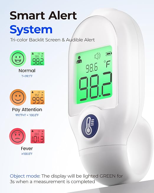 Femometer Forehead Baby Thermometer for Adults & Kids, Portable Min | Non-Contact, 30-Memory Recall, Fever Alarm, 3 Color Backlight, Mute Mode, Fast & Accurate Reading, LCD Display