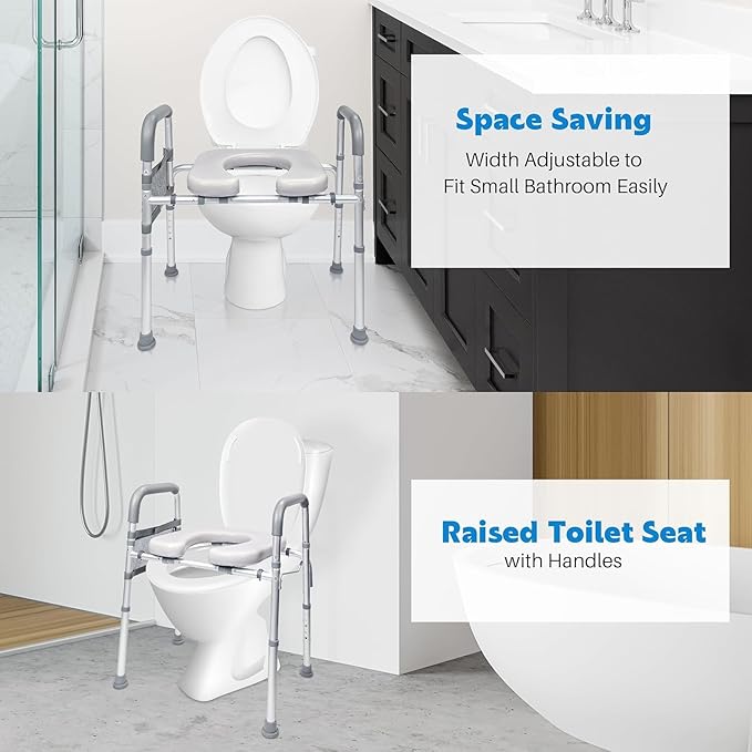 Raised Toilet Seat with Handles, Toilet Seat Risers for Seniors Width and Height Adjustable Raised Toilet Seat with Handles for Elderly