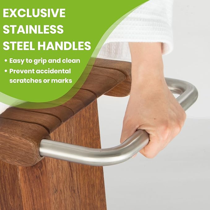 Teak Shower Bench with Stainless Steel Handles, 15” Waterproof Luxury Teak Shower Stool with Shelf, Compact Fit for Small Bathrooms, Easy Assembly Support 300 lbs