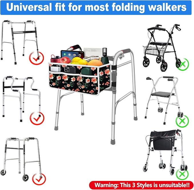 Yuan & Chuang Walker Bag, Water Resistant Large Capacity Carry Storage Carrier Tote, Basket for Walker with Multiple Pockets, Folding Walker Basket with 6 Elastic Straps for Most Walker - Rose Pattern