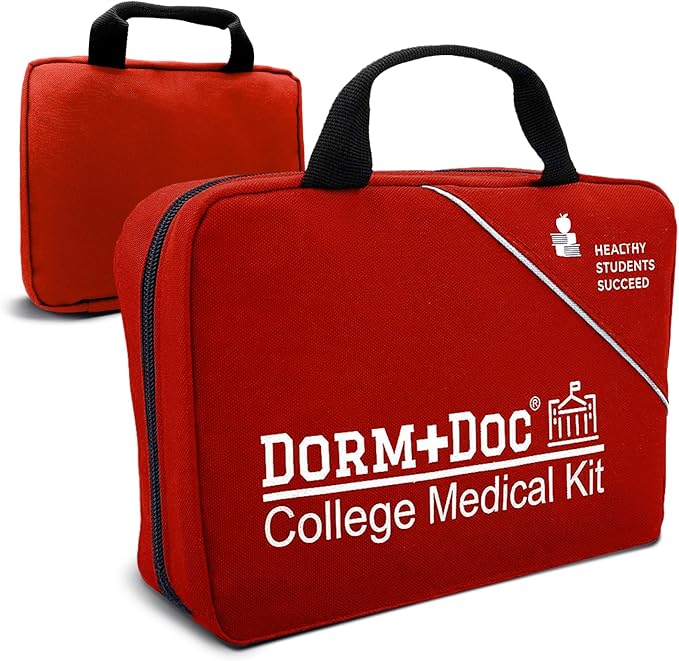 College First Aid Kit – Compact Emergency Medical Kit for Dorm Rooms, School, Sports – with Bandages, OTC Medicines for Relief, Gauze, Quick Care Set – Portable Health Kit - 175 PCS, Red