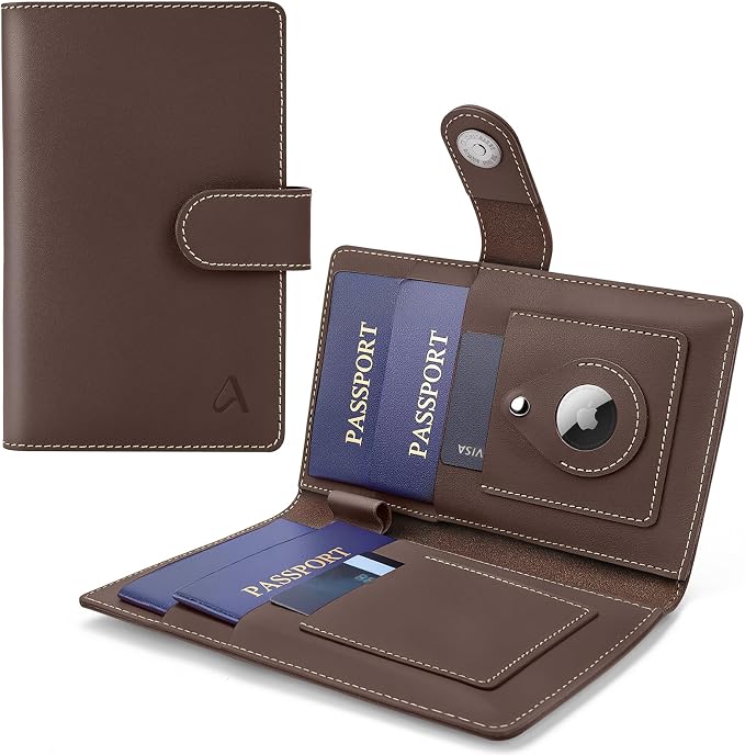 ALLIVE Family Passport Holder, Rfid Blocking Passport Wallet with AirTag Slot, Genuine Leather Travel Document Organizer for Women & Men, Airport Essentials, Travel Gift (Coffee Brown)