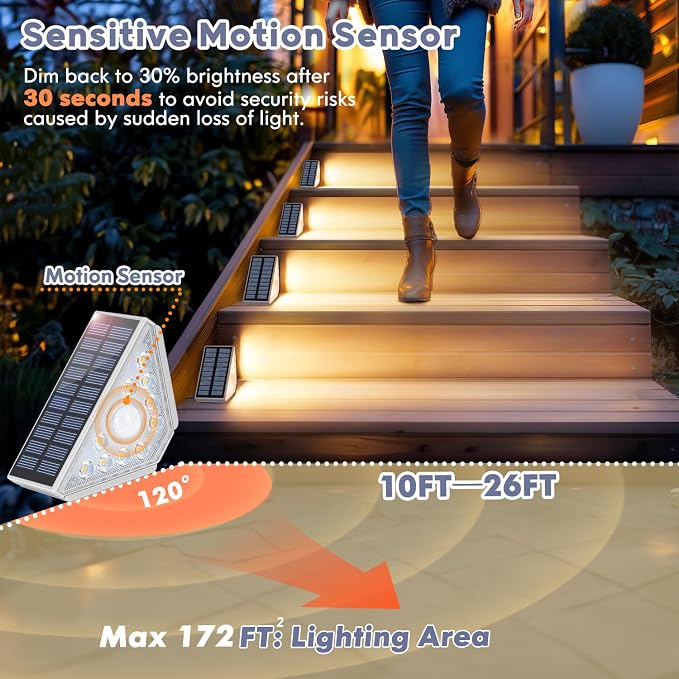 Kondras Motion Sensor Solar Step Lights for Outside, 4-Pack Outdoor Stair Lights Waterproof IP67, Solar Powered LED Outdoor Step Lights Decor for Yard Garden Porch Patio Pathway Deck, Warm White