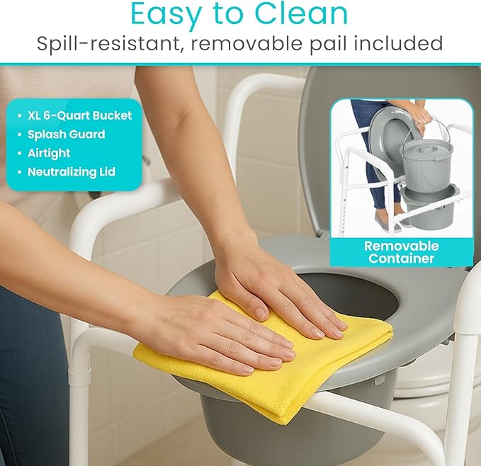 Vive Bedside Commode Toilet Chair (Folding) - 350 lb Capacity, Safety Rail, Shower Chair - 3 in 1 Heavy Duty Bariatric Bucket with Padded Arms, Tight Lid – Portable Seat for Home - Steel