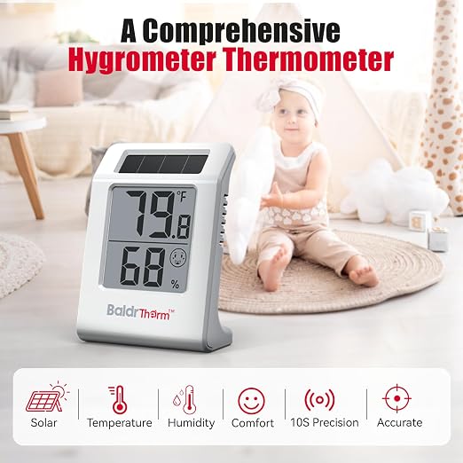 Digital Thermometer and Humidity Meter, Solar-Powered 2.2" Indoor Temperature Sensor Humidity Monitor, Humidity Gauge for Baby Rooms, Bedrooms, Home, Office, and Wine Cellars, White, 3Pack