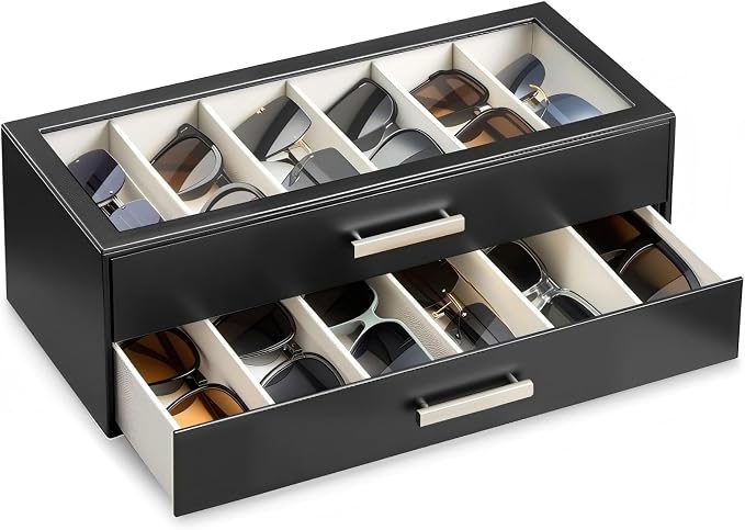 ProCase Sunglasses Organizer Box with Clear Glass Lid, PU Leather Eyeglass Storage Display Case for Men and Women