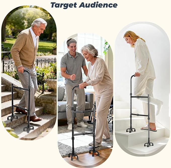 Stair Climbing Aid Cane for Seniors – Height & Width Adjustable, Lightweight Portable, Slip-Resistant Sturdy | Fits Standard Steps 300lbs | Stair Aid Cane for Elderly, Sore Knees, &Post-Surgery