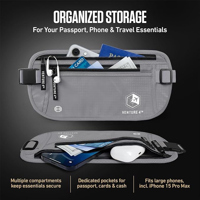 VENTURE 4TH Travel Money Belt, RFID Blocking Passport Holder - Silver