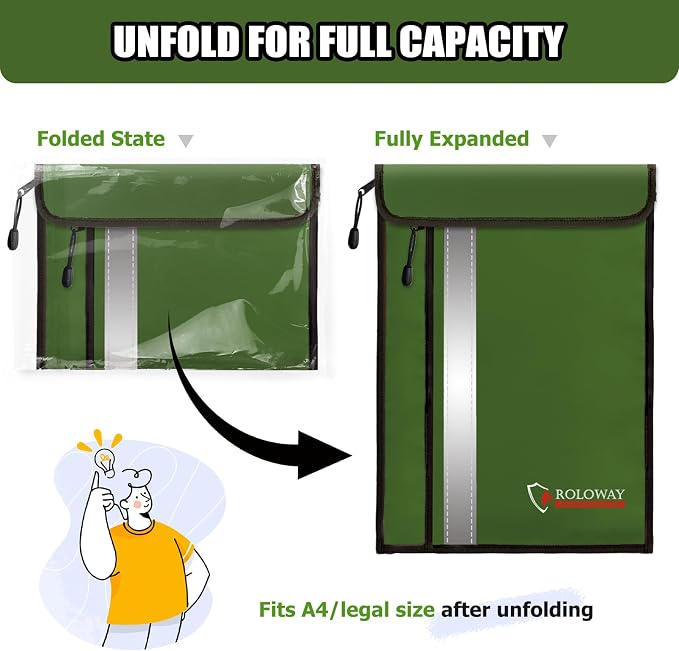 ROLOWAY Fireproof Document Bag (15.5 x 11.5 inch) with 2 Pockets and 5200℉ Aluminum Foil Layer, Fireproof Bag for Document Safe (Green)