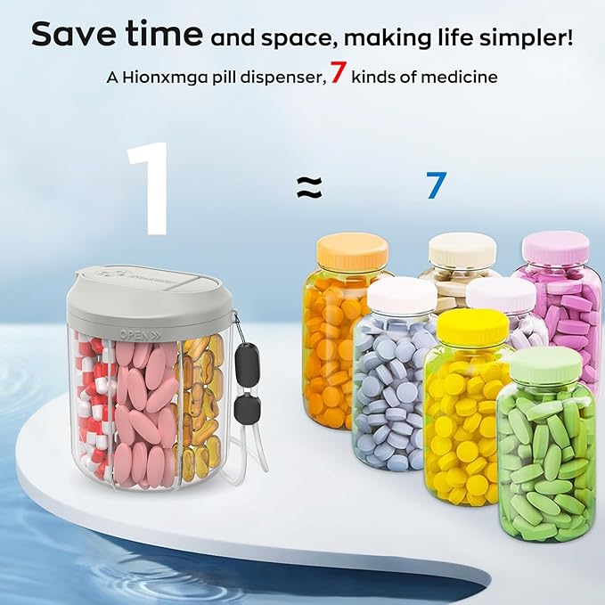 Pill Dispenser with 7 Large Compartments, 4.4" H x 3.6" Dia Pill Organizer for Travel, Supplement Organizer with Anti-Mixing Design, BPA-Free Pill Container with 20 Pcs Labels, Grey
