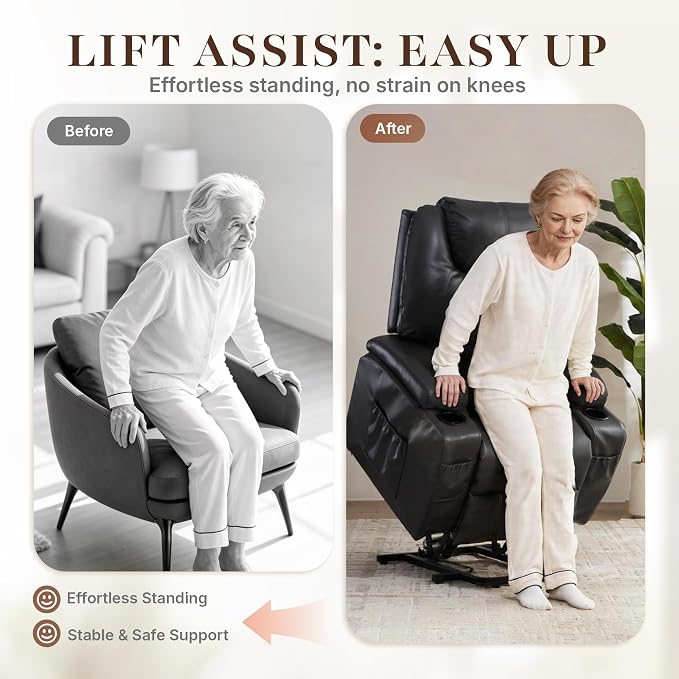 Power Lift Recliner Chair for Elderly, Electric Lift Chair with Massage & Heat, PU Leather Reclining Sofa with Cup Holders, Side Pockets for Living Room Bedroom