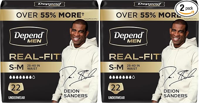 Depend Real Fit Adult Diapers, Incontinence Underwear for Men, Disposable, Maximum Absorbency, Small/Medium, Grey, 22 Count, Packaging May Vary (Pack of 2)