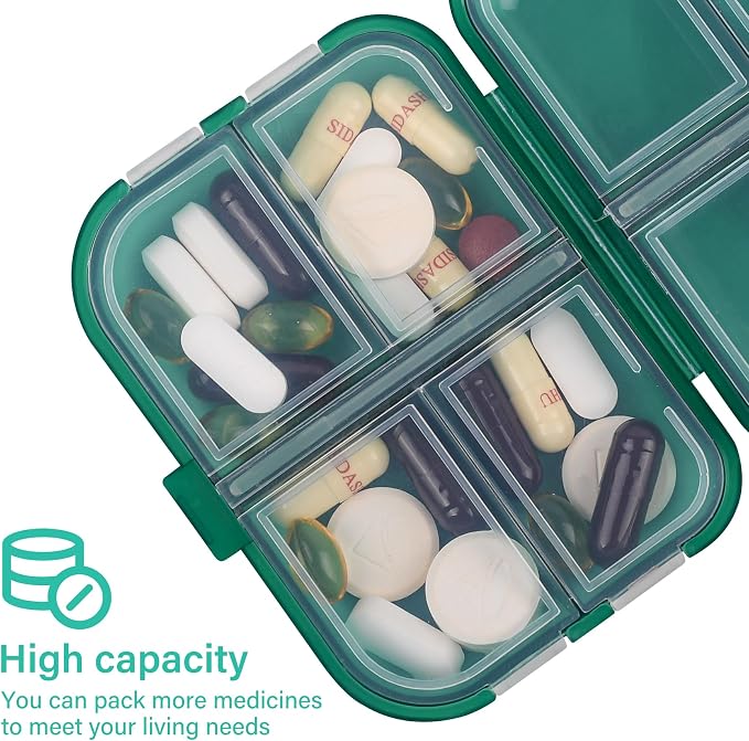 Travel Pill Organizer Small 8 Grid Compartments Pill Holder Box - Portable Medicine Container Case - Daily Weekly Medication Organizer