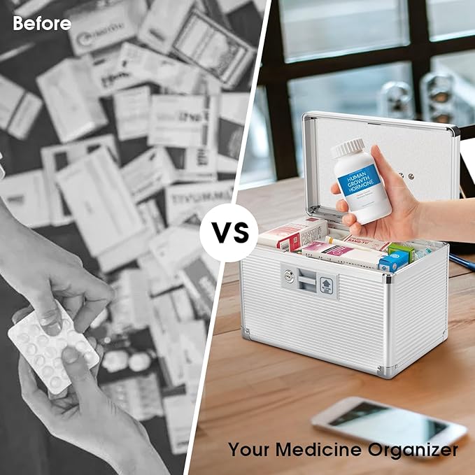 Medicine Lock Box with Key, Alluminum Alloy Box for Medication,First Aid Box with a Removeable Tray to Store Medicines & Pills for Home,Silver 10 * 6.89 * 6.89 Inch