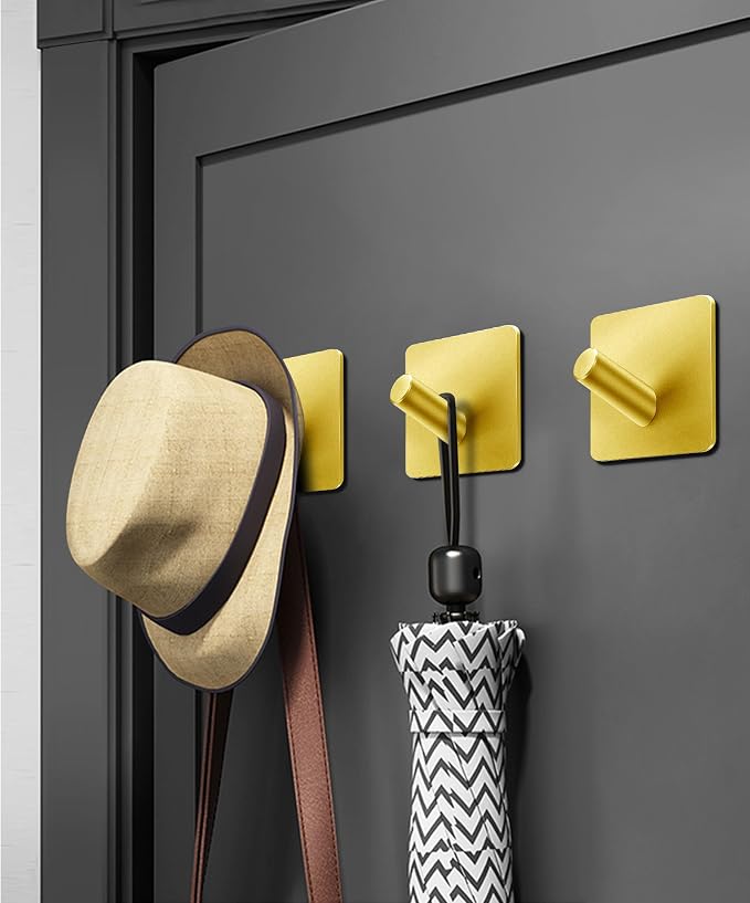 xdgeLoad Heavy Duty Adhesive Hooks, Bath Towel Hooks 16 Pack, Adhesive Wall Hooks for Bathrooms/Coat/Robe/Kitchen, Non-Punching self-Adhesive Hooks, Matte Stainless Steel Gold, JRG-US-V16P-GOLD