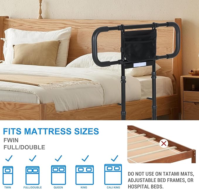 Bed Rails for Elderly Adults Safety - Elderly Assistance Products, Bedrails for Rlderly Adults Grab Bar Bed Handrails, Bed Rail with Pocket, Motion Sensor Light Fits King, Queen, Full, Twin (Black)