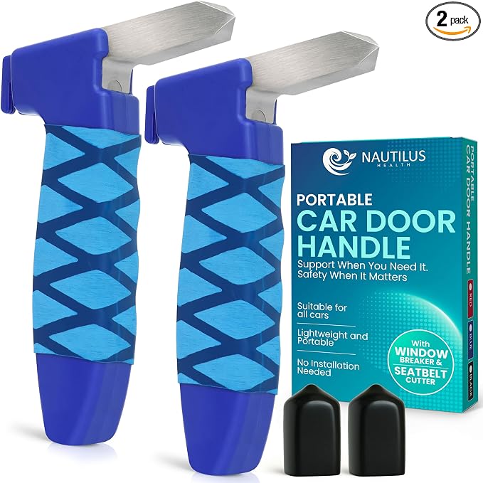 Car Door Handle for Elderly - Car Cane Mobility Aid Tool, Steel Hook, Supports Up to 300 lbs, 3 in 1 Car Door Latch Bar for Seniors & Handicapped, Easy Tool-Free Use, Pack of 2 - (Blue)