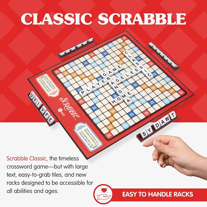 JOY FOR ALL Games - Scrabble Bingo 3-in-1 Word Games - Classic, Bingo, & Pass - New Easy to Grasp Tiles & Racks - Fun Family Board Game for Seniors, Kids, Teens, and Adults