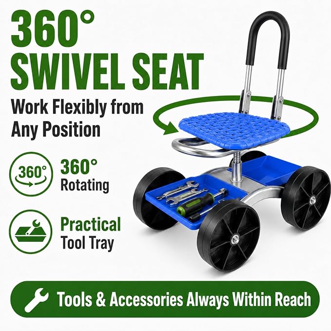 Rolling Garden Seat with Wheels, Adjustable Garden Scooter Stool with Backrest,Garden Cart with Tool Storage Tray & Backpack, Gardening Work Seat for Weeding, Planting, Yard Work (Without Backpack 3)