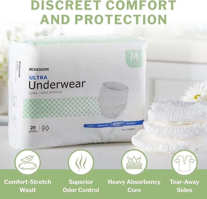McKesson Ultra Adult Incontinence Underwear, [20 Count], Heavy Absorbency, Medium, 32-44 in. Unisex Bladder Leak Protection, Pull-On Style with Tear-Away Sides, Postpartum and Incontinence Support