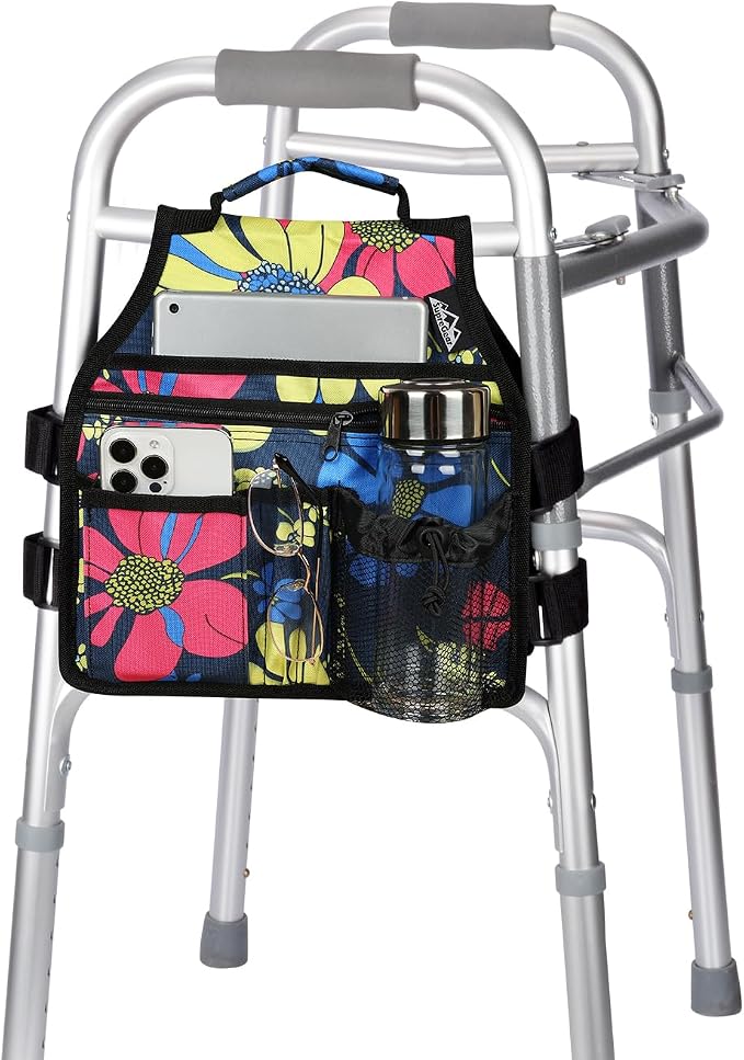 supregear Walker Side Bag, Storage Pouch w/Cup Holder for Folding Walker, Waterproof Caddy Basket for Side Bar Accessory Attachment for Seniors Elderly, Double Sided Organizer
