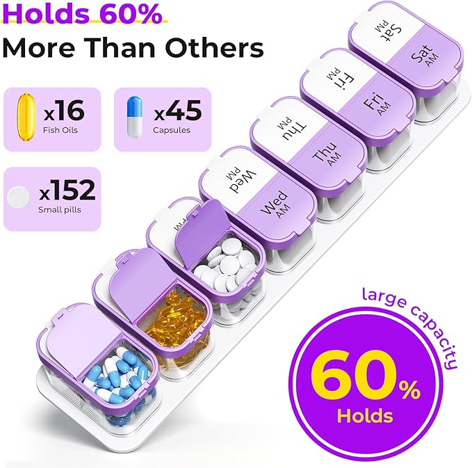 Odaro Extra Large Weekly Pill Organizer 2 Times A Day, Pill Box 7 Day Am Pm to Hold Daily Medicine Vitamin and Supplements - Purple